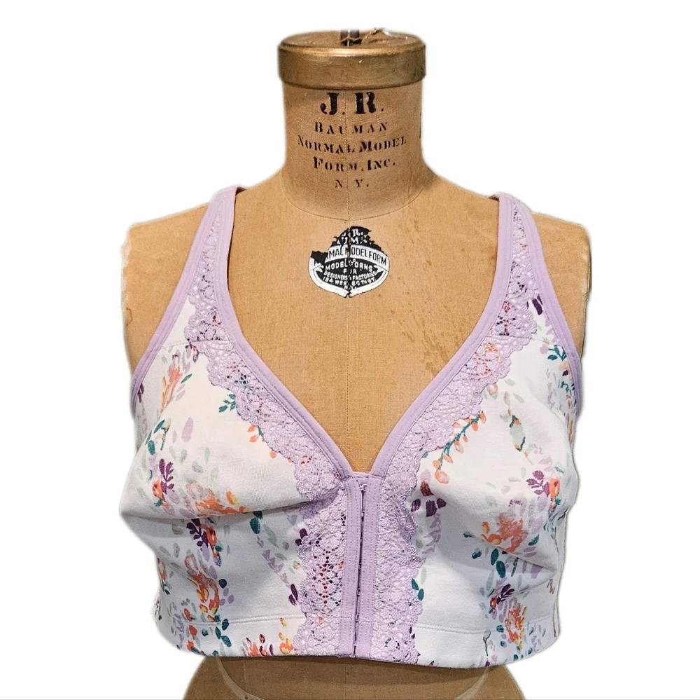 Cacique Unlined Full Coverage No Wire Wireless Cotton Bra 42DDD 42F Floral Lace